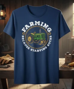 Farming Because Starving Sucks quote with a vintage green tractor illustration on a navy t-shirt