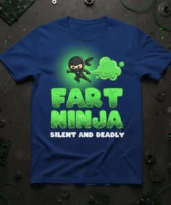 Fart Ninja Silent and Deadly t-shirt design with a cartoon ninja and green gas cloud. Text reads FART NINJA SILENT