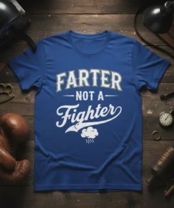 Farter Not A Fighter quote in distressed white lettering on a blue t-shirt with a cloud graphic