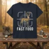 Fast Food deer hunting t-shirt featuring a buck in crosshairs and bold white text