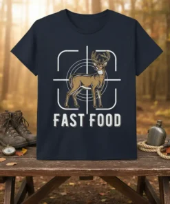 Fast Food deer hunting t-shirt featuring a buck in crosshairs and bold white text