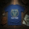 Navy blue t-shirt with "Fast Food Fast Food" text and a geometric deer head graphic inside a circle of bullet