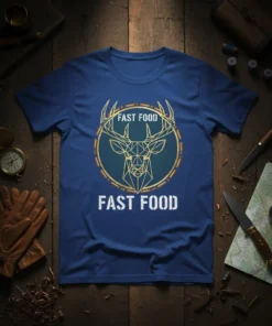 Navy blue t-shirt with "Fast Food Fast Food" text and a geometric deer head graphic inside a circle of bullet