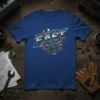 Bold "FAST" text above a detailed V8 engine graphic on a blue t-shirt, designed for car enthusiasts
