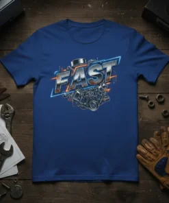 Bold "FAST" text above a detailed V8 engine graphic on a blue t-shirt, designed for car enthusiasts