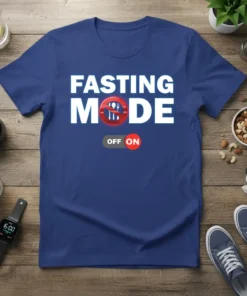 Blue t-shirt with white "FASTING MODE" text and a red circle with crossed-out fork and knife graphic