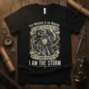 T-shirt with "Fate Whispers To The Warrior" and "I AM THE STORM" quotes, featuring a knight in armor and stormy