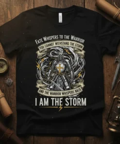 T-shirt with "Fate Whispers To The Warrior" and "I AM THE STORM" quotes, featuring a knight in armor and stormy