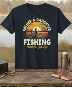 Father & Daughter Fishing Partners for Life t-shirt design featuring a boat at sunset with a father and daughter fishing