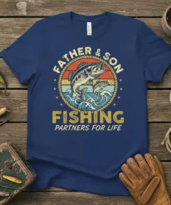 Father & Son Fishing Partners For Life text with bass and smaller fish graphic on a vintage sunset background, navy