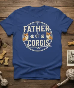 Father of Corgis T-Shirt design featuring two cute corgis and paw prints with distressed text