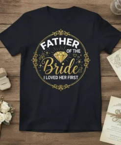Father of the Bride I Loved Her First quote with diamond graphic on a black t-shirt for wedding day