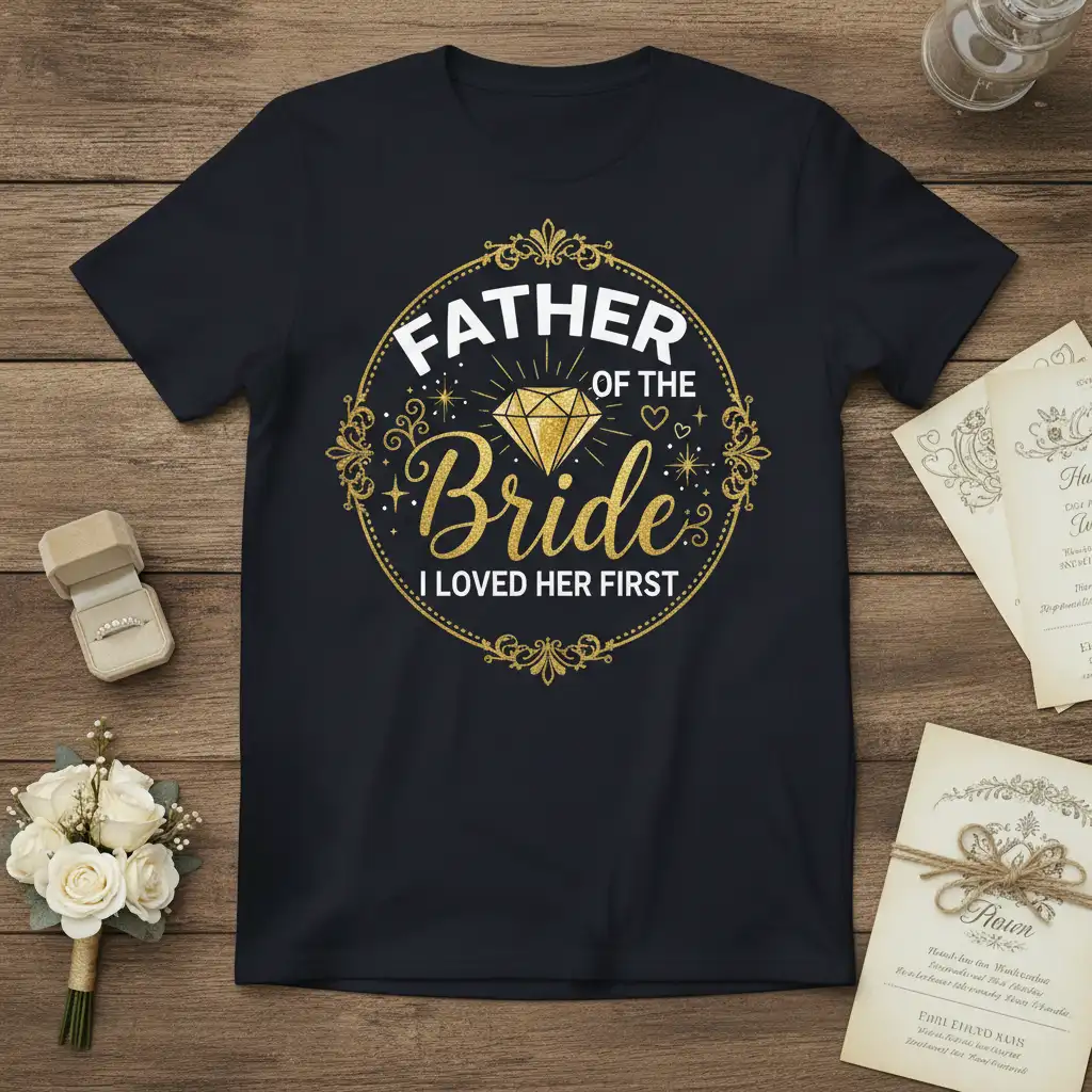 Father of the Bride I Loved Her First quote and diamond graphic on black wedding t-shirt