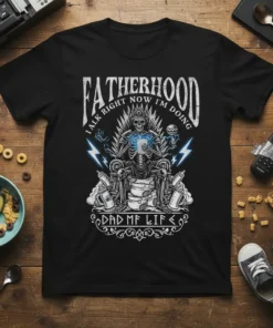 Fatherhood I Talk Right Now I'm Doing Dad MF Life t-shirt featuring a skeleton king on a throne surrounded by