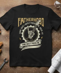Black t-shirt with "FATHERHOOD SOME DAYS I RAYS IT ROCK ME, ROCK IT. SOME DAYS IT ROCKS ME." text, a