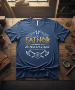 Fathor noun Like A Dad, Just Way Mighter t-shirt with Viking bear graphic and axes