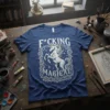 F*cking Magical Unicorn T-Shirt with white text and iridescent unicorn graphic on a blue tee