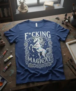 F*cking Magical Unicorn T-Shirt with white text and iridescent unicorn graphic on a blue tee