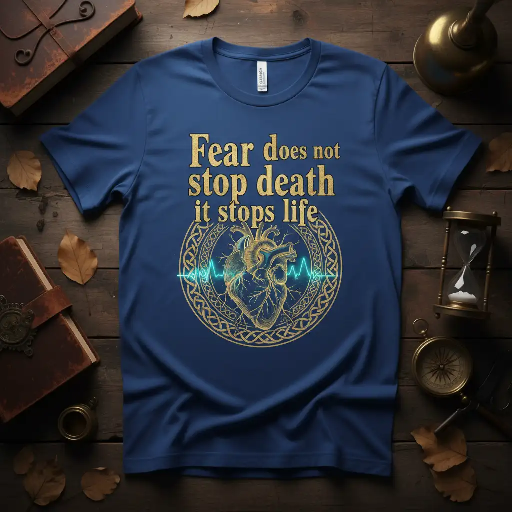 Fear does not stop death it stops life quote with anatomical heart and EKG graphic on t-shirt