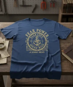Fear Power Fear Love Sound Mind quote t-shirt with compass and anchor graphic in gold text