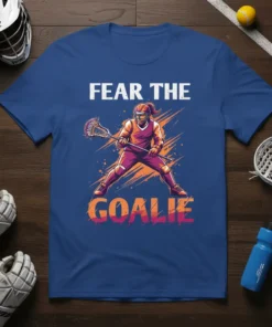 Lacrosse goalie wearing protective gear and holding a stick, text "FEAR THE GOALIE" on a blue t-shirt