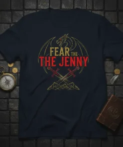 Fear The Jenny T-Shirt with a vintage dragon illustration and crossed swords graphic in gold and red
