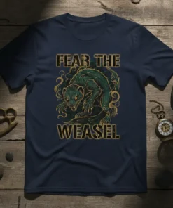 Fear The Weasel t-shirt design featuring a fierce green weasel with glowing yellow eyes and stylized smoke