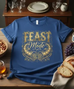Blue t-shirt with gold "FEAST Mode" text and cornucopia graphic, perfect for Thanksgiving