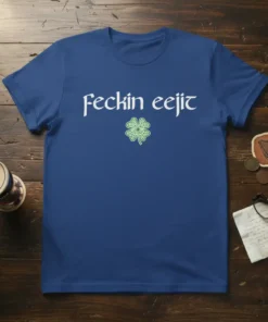 Feckin Eejit T-Shirt with Celtic knot shamrock graphic in white and green