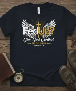 Fed Up Give God text design featuring unique typography on quality t-shirt