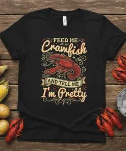 Feed Me Crawfish And Tell Me I'm Pretty text with a red crawfish graphic on a black t-shirt