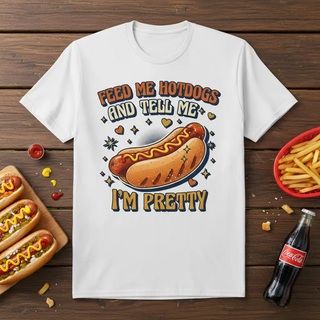 Feed Me Hotdogs And Tell Me I'm Pretty quote on white shirt with retro hotdog graphic and stars