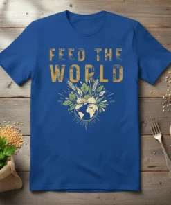 Feed The World t-shirt with golden distressed text and an illustration of the Earth surrounded by healthy crops