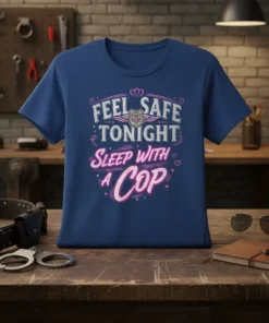 Feel Safe Tonight Sleep With A Cop text design with police badge graphic on a blue t-shirt
