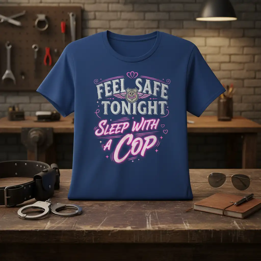 Feel Safe Tonight Sleep With A Cop text design featuring a police badge and wings graphic
