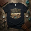 Feel Safe At Night Sleep With A Nurse quote t-shirt design with gold ornate typography and heart wings graphic