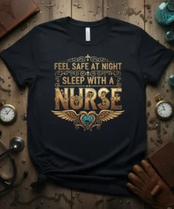 Feel Safe At Night Sleep With A Nurse quote t-shirt design with gold ornate typography and heart wings graphic