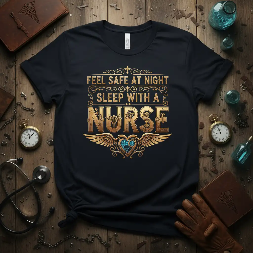 Feel Safe At Night Sleep With A Nurse quote t-shirt design with intricate gold lettering and winged heart graphic