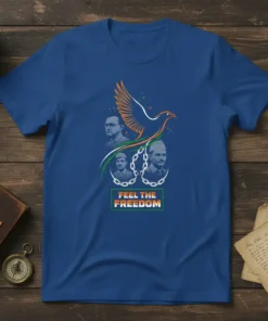 Feel The Freedom t-shirt design with Indian freedom fighters, a dove, and chains breaking