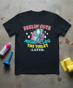 Black t-shirt with "Feelin' Cute Might Clog The Toilet -Later-" text and a cartoon toilet graphic