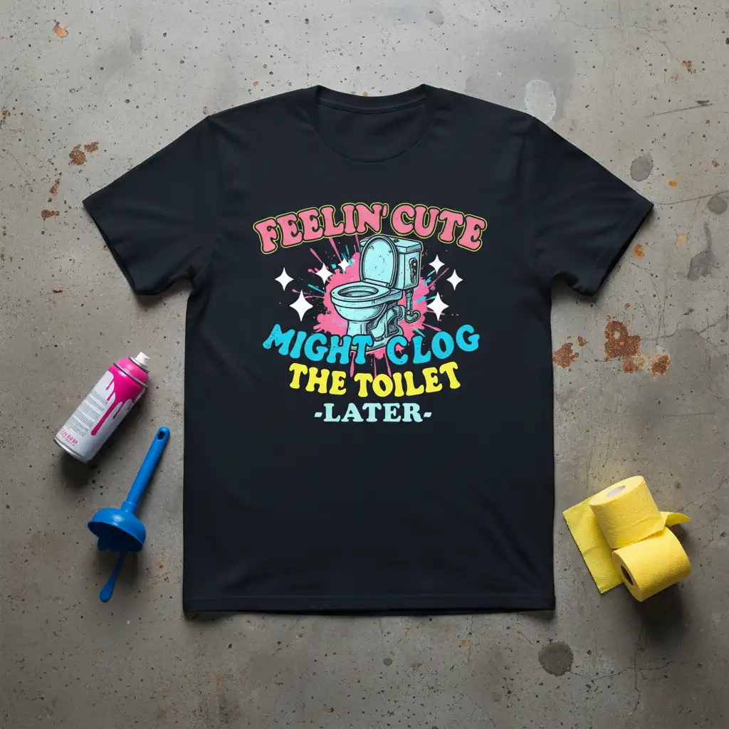 Feelin' Cute Might Clog The Toilet -Later- humorous quote on a black t-shirt with cartoon toilet graphic