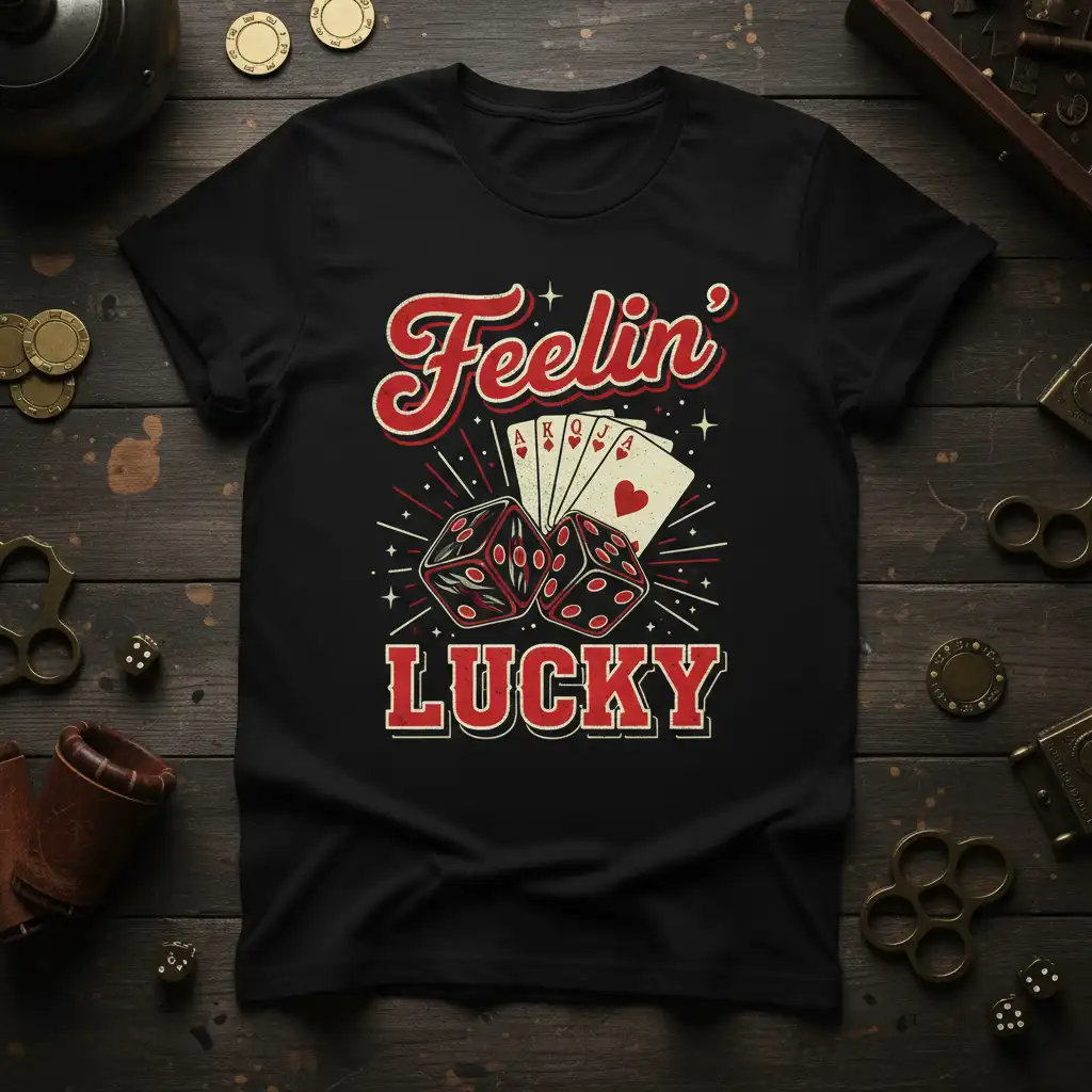 Black Feelin' Lucky t-shirt design showcasing dice and playing cards graphic