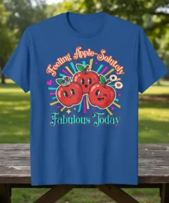 Feeling Apple-Solutely Fabulous Today t-shirt with three smiling cartoon apples and colorful rays