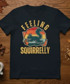 Feeling Squirrelly retro t-shirt design with a teal squirrel holding an acorn and vintage sunset stripes