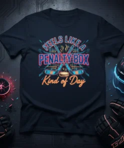 Hockey t-shirt with text "FEELS LIKE A PENALTY BOX Kind of Day" and crossed hockey sticks graphic