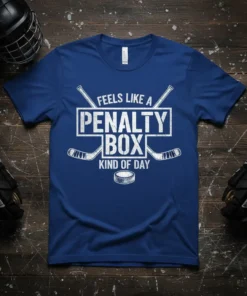 Blue t-shirt with white distressed text "Feels Like A Penalty Box Kind Of Day" and hockey graphics, including crossed sticks