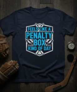 T-shirt with blue and white text "FEELS LIKE A PENALTY BOX KIND OF DAY" and hockey stick graphics