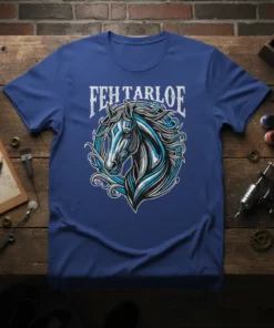 FEH TARLOE text above a detailed graphic of a horse's head with flowing mane and blue accents on a royal