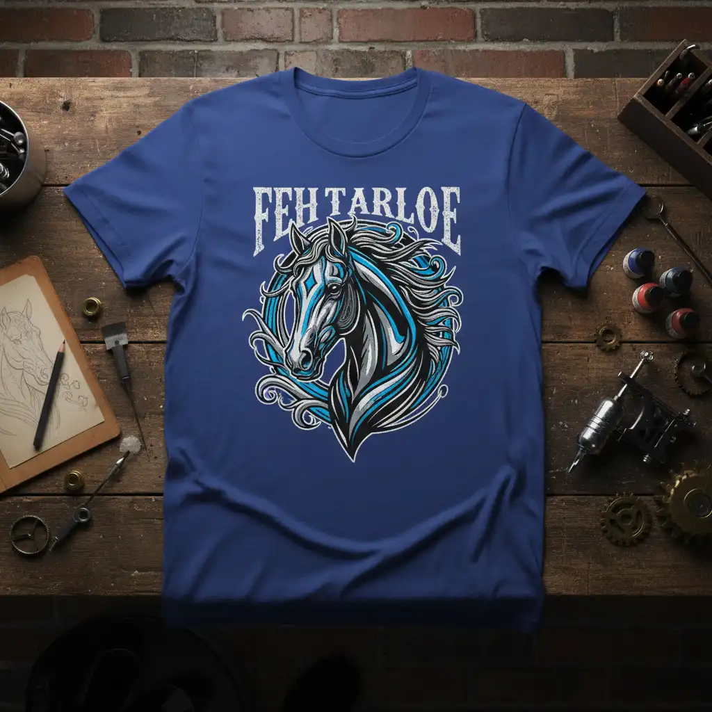 FEH TARLOE text over a stylized horse head graphic with dynamic mane, perfect for equestrian apparel