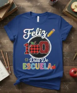 Feliz 100 Días De ESCUELA t-shirt featuring colorful text, a buffalo plaid apple, and a leopard print number 100